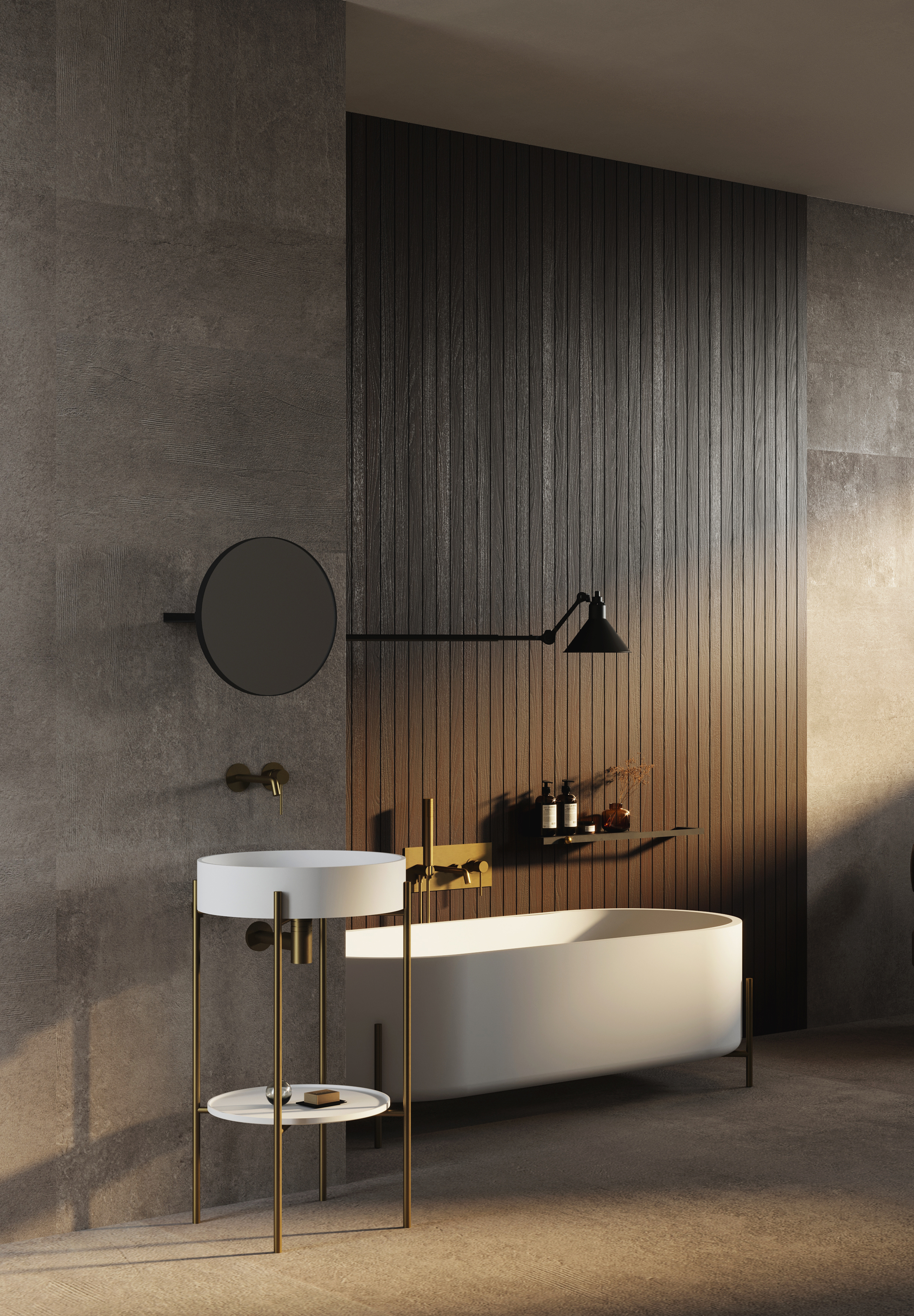För italienska EX.t har Norm Architects skapat kollektionen Stand med ovala badkaret och handfatskonsolen, som finns för både runt och ovalt handfat. Geometriskt rent med fin balans mellan funktion och form. Spegeln heter Arco. En lyxig miljö med träinslag. Foto Ex.t
