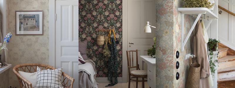 Fyra nya färgställningar av den handmålade tapeten Dahlia Garden. Foto: Boråstapeter