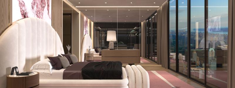 Master bedroom med utsikt över Manhattan. Foto: Covet Collection