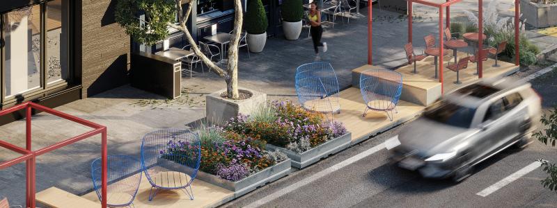 Exempelplacering och möblering av plattformen Parklet av Nola. Foto: Nola