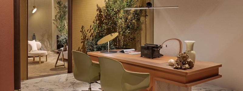 De mjuka linjerna och formerna som definierar Echo-kollektionen för matplatsen finns nu även på arbetsplatsen. Foto: Turri