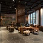 Estetiken är inspirerad av landskapsmåleri och naturens material. Specialritat undertak i skogsgrönt, trä med tydlig struktur, grova stenblock, ulltextilier och skinn skapar en taktil och varm känsla.
Foto: Gustav Svanberg