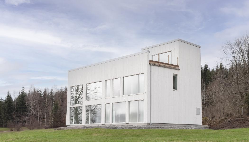 Huset har en 50 kvadratmeter stor takterass med en utsikt över skog och dalar. Foto: INR