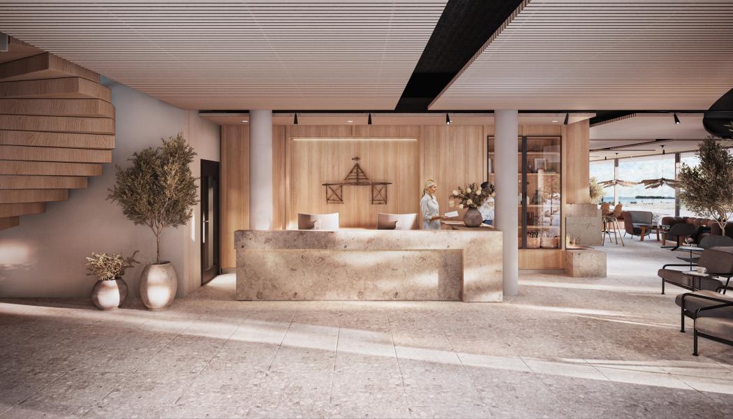 Visualisering av lobbyn. Receptionsdisken är gjord av kalksten. Till vänster skymtas trappan i ek. Bild: Krook & Tjäder