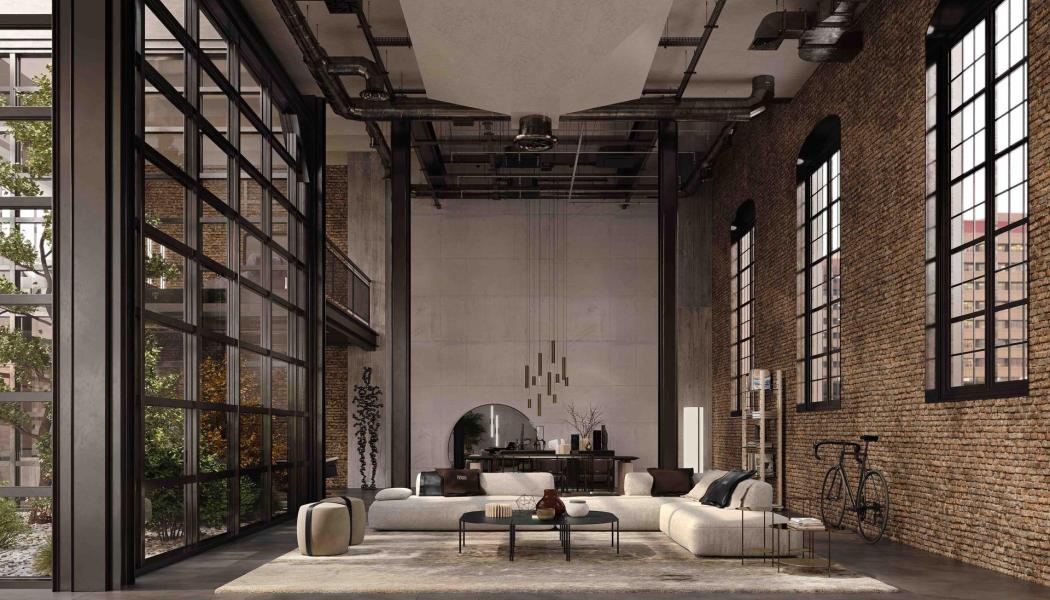 Seattles modulära soffa som är placerad i mitten av scenen, är en avgörande bekräftelse på en modern storstadsstil. Foto: Gianfranco Ferré Hem