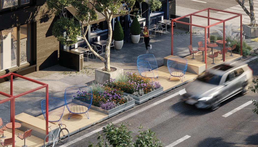 Exempelplacering och möblering av plattformen Parklet av Nola. Foto: Nola