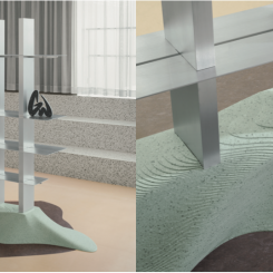 Objektkollektionen Cross Section är ett exempel på maximalistisk design som en motreaktion på skandinavisk minimalism. Hyllans fot består av 100 lager iQ Eminent som skurits ut i olika storlekar och monterats som en topografi. ”Jag vill ge känslan av en möbel som stiger upp ur golvet, som rörelsen av en ubåt” säger Gustav Winsth. Foto: Tarkett