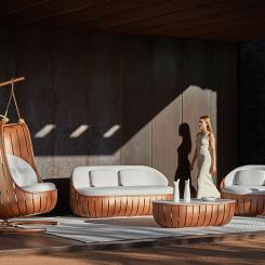 Med kollektionerna Arena, Lademadera och Onsen utforskar företaget träets uttryck, mjuka former och geometriska linjer med fokus på material och funktion. Pressbild: Gandiblasco