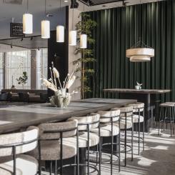 Hotell Gothia Towers. Textilier som bidrar till ett rumsskapande med bevarad genomsikt, vilket formar en balanserad och trygg atmosfär i den publika zonen.
Foto: Daniel F, Wingårdhs