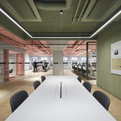 Mycket av inredningen är återbrukad från Tengboms förra kontor, bland annat alla mötesbord och stolar. I nästintill samtliga mötesrum är den genomgående kulören grön.
Foto: Felix Gerlach