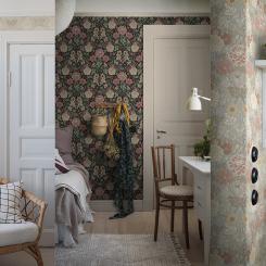 Fyra nya färgställningar av den handmålade tapeten Dahlia Garden. Foto: Boråstapeter