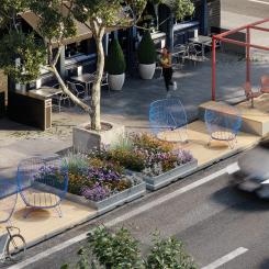 Exempelplacering och möblering av plattformen Parklet av Nola. Foto: Nola