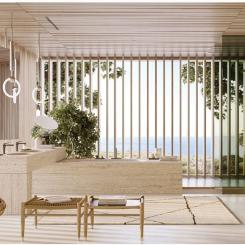 I detta Axor badrumskoncept föreställde sig den välkända arkitekten och designern Antonio Citterio ett skandinaviskt strandhus för en ung och aktiv familj.Foto Axor